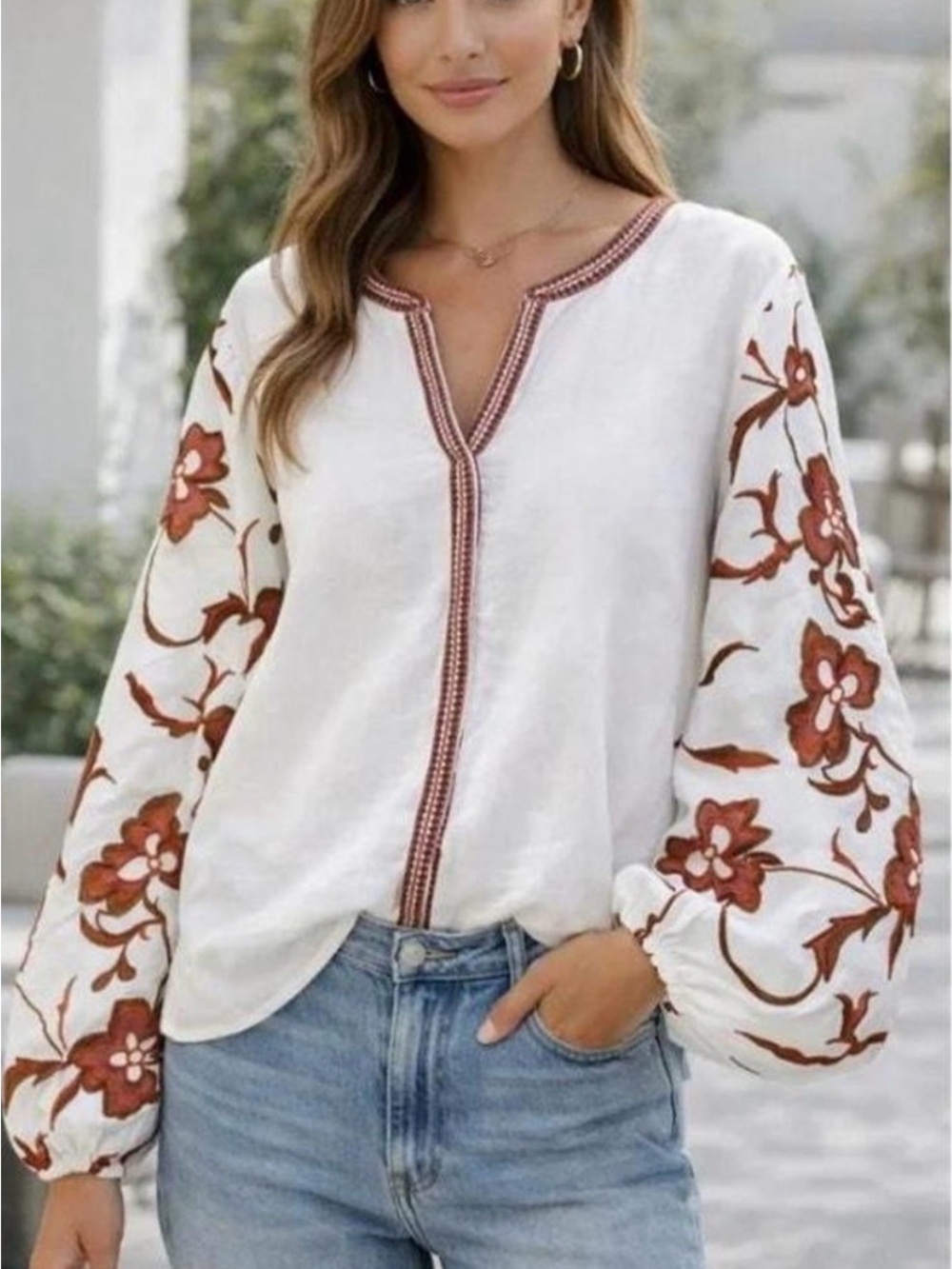 Calypso St. Barth White Peasant Blouse with Rust Floral Embroidery